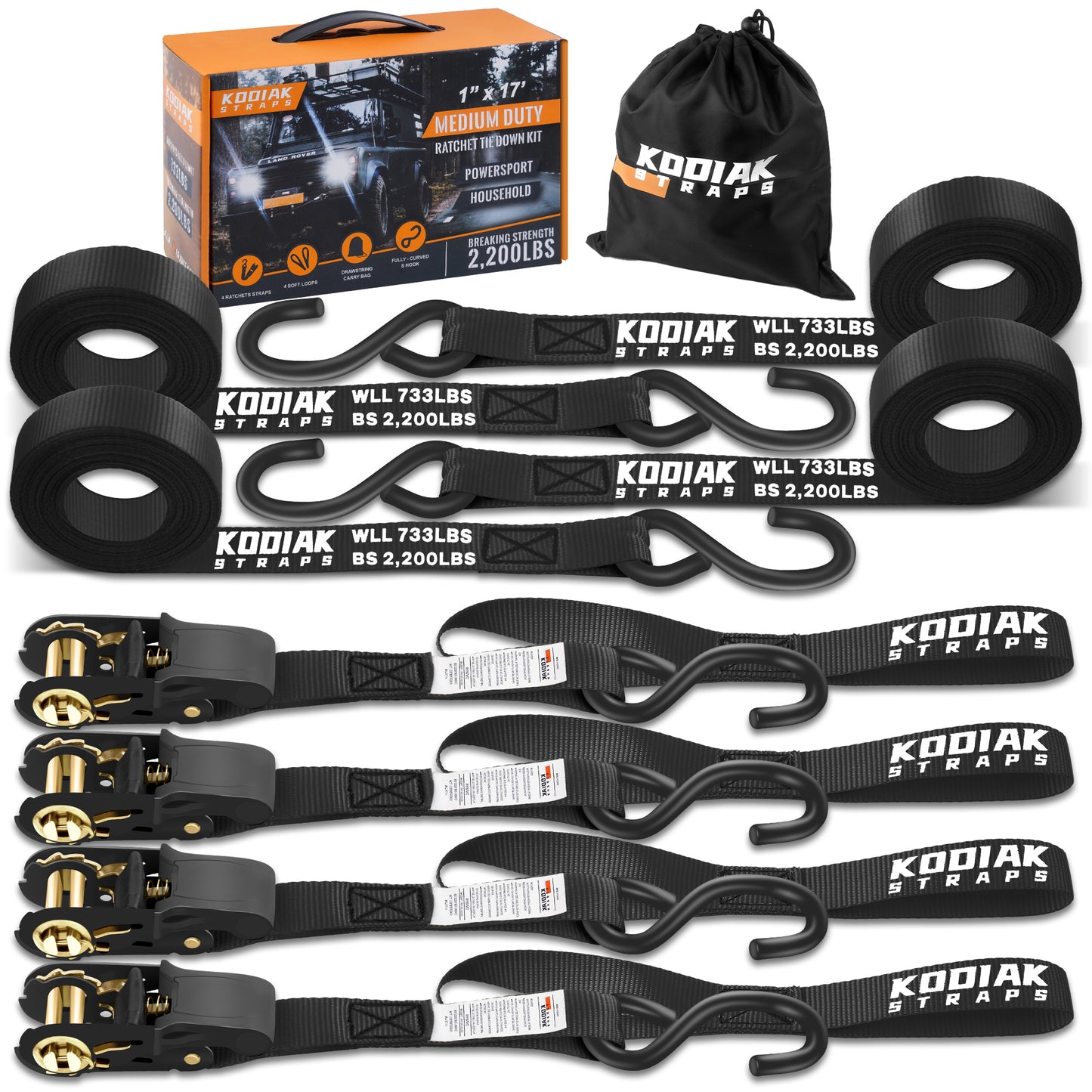 1” x 17' Ratchet Straps - 4 Pack