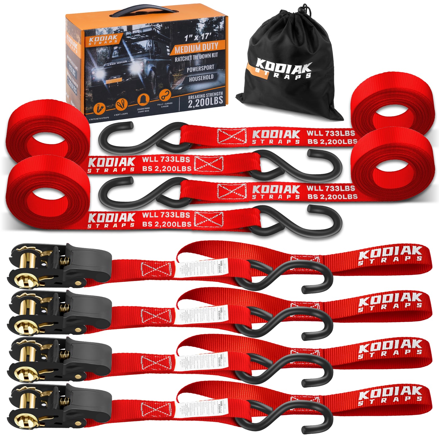 1” x 17' Ratchet Straps - 4 Pack