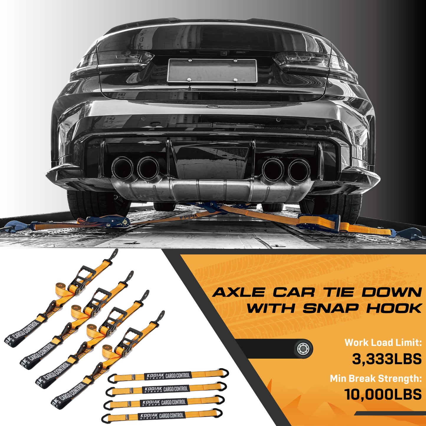 Vehicle Axle Tie Down Kit - Build-in Axle Strap with Snap Hook