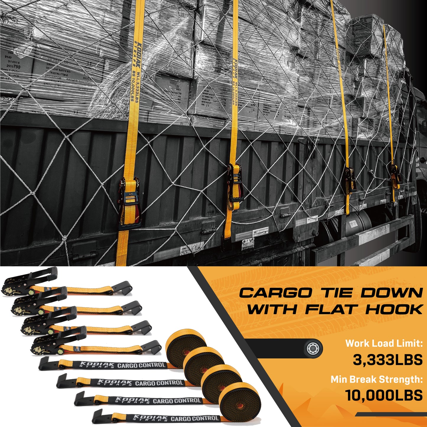 2" x 27' Heavy Duty Ratchet Straps- Flat Hook - 4 Pack