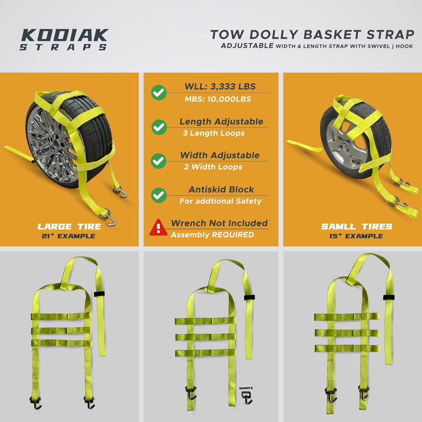 Car Tow Dolly Wheel Basket Straps with Swivel J Hooks- 2 Pack