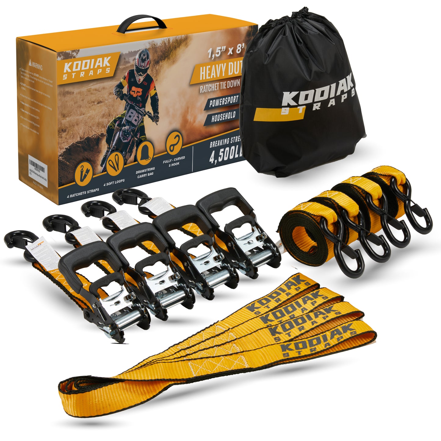 1.5” x 8' Ratchet Straps - 4 Pack