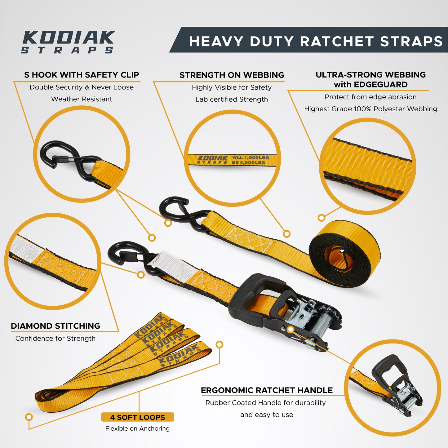 1.5” x 8' Ratchet Straps - 4 Pack