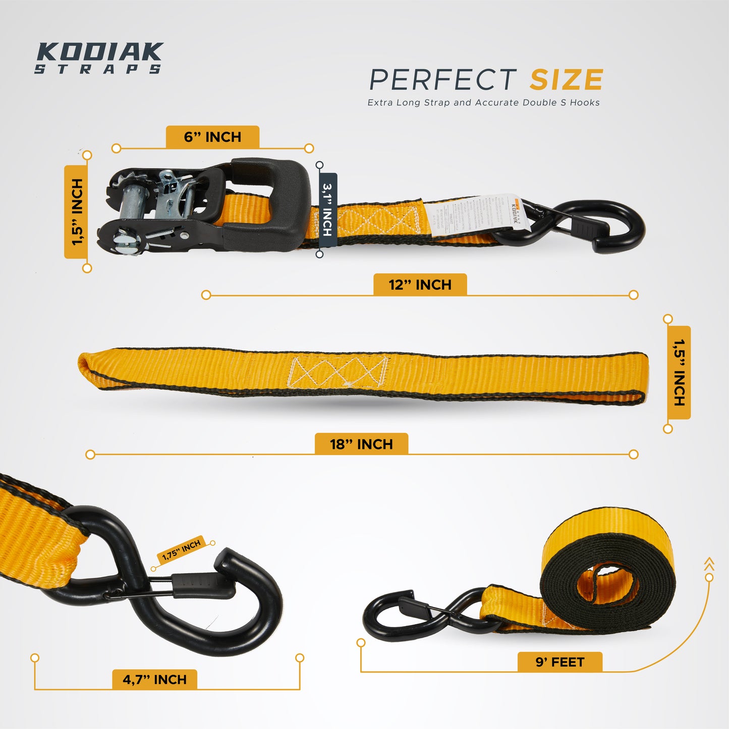 1.5” x 8' Ratchet Straps - 4 Pack